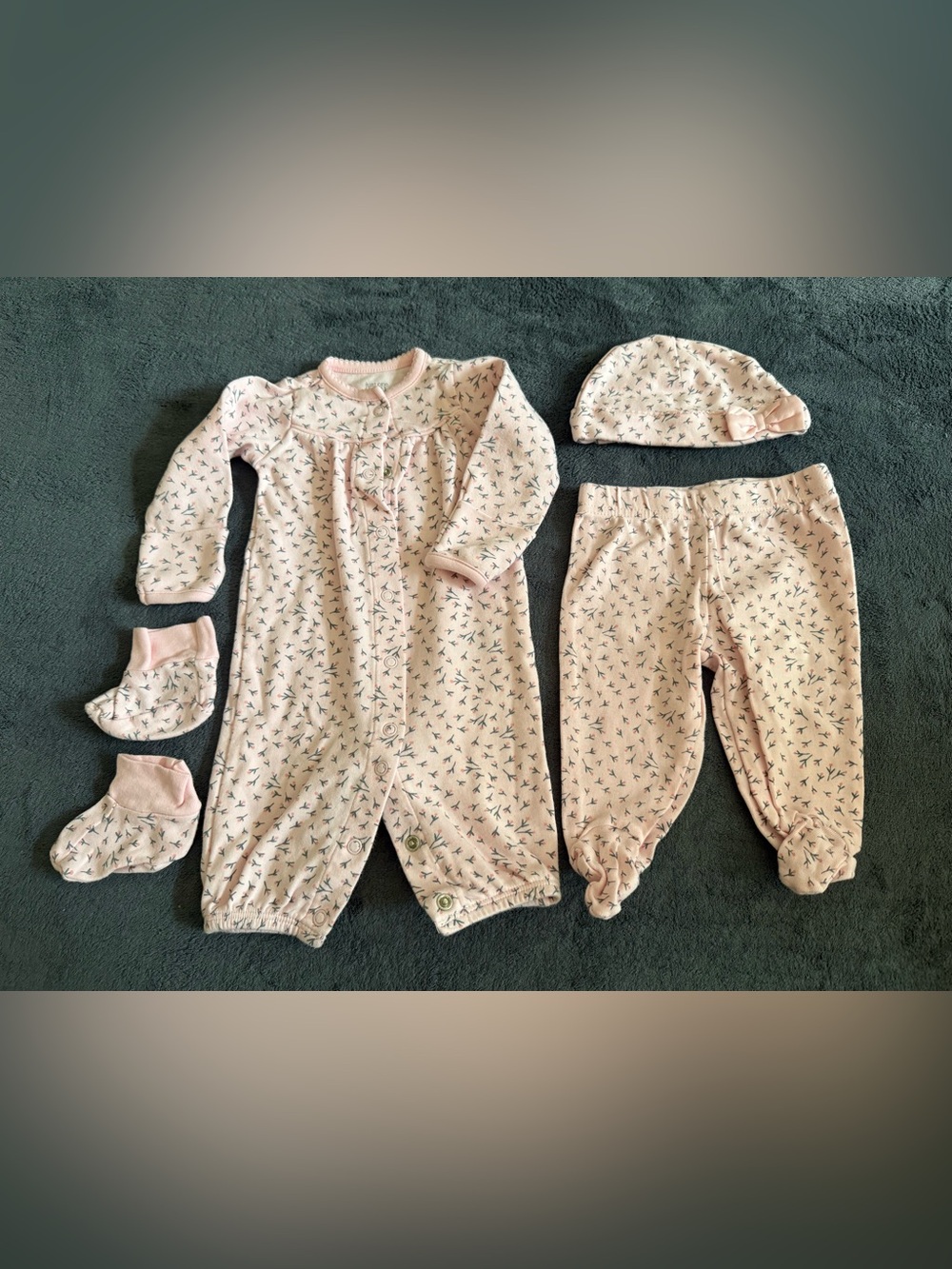 Carters Baby Pink Printed One-Piece Set with Hat and Pants size 3 months